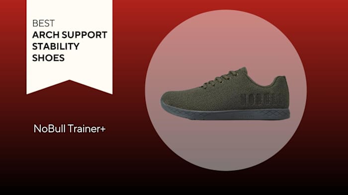 An image of a NoBull Trainer+ shoe against a red background.